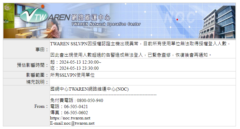 2024.05.13 國網中心公告TWAREN SSLVPN緊急維護作業